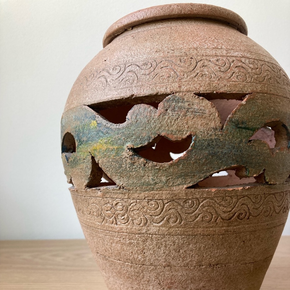 studio pottery rustic carved vase vessel stoneware vintage bohemian boho brown - Picture 4 of 9